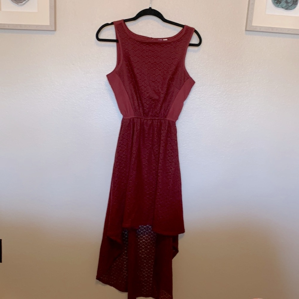 Dark red lace high low dress with elastic waist and button back closure